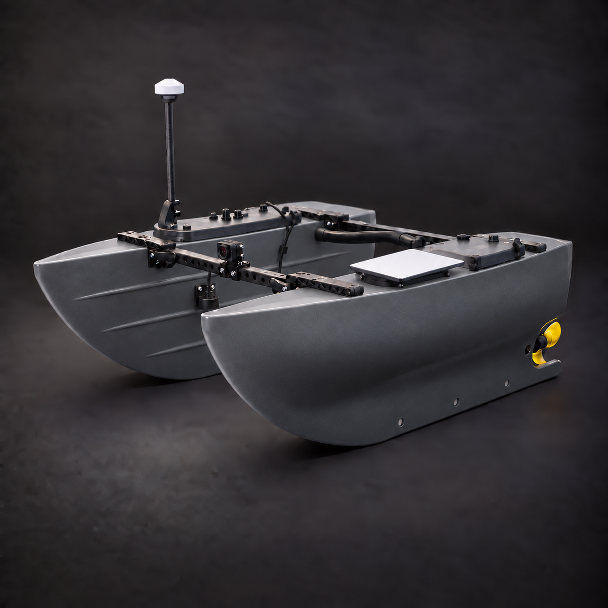 Gunmetal grey survey boat with a Starlink Mini mounted low on the hull opposite the antenna