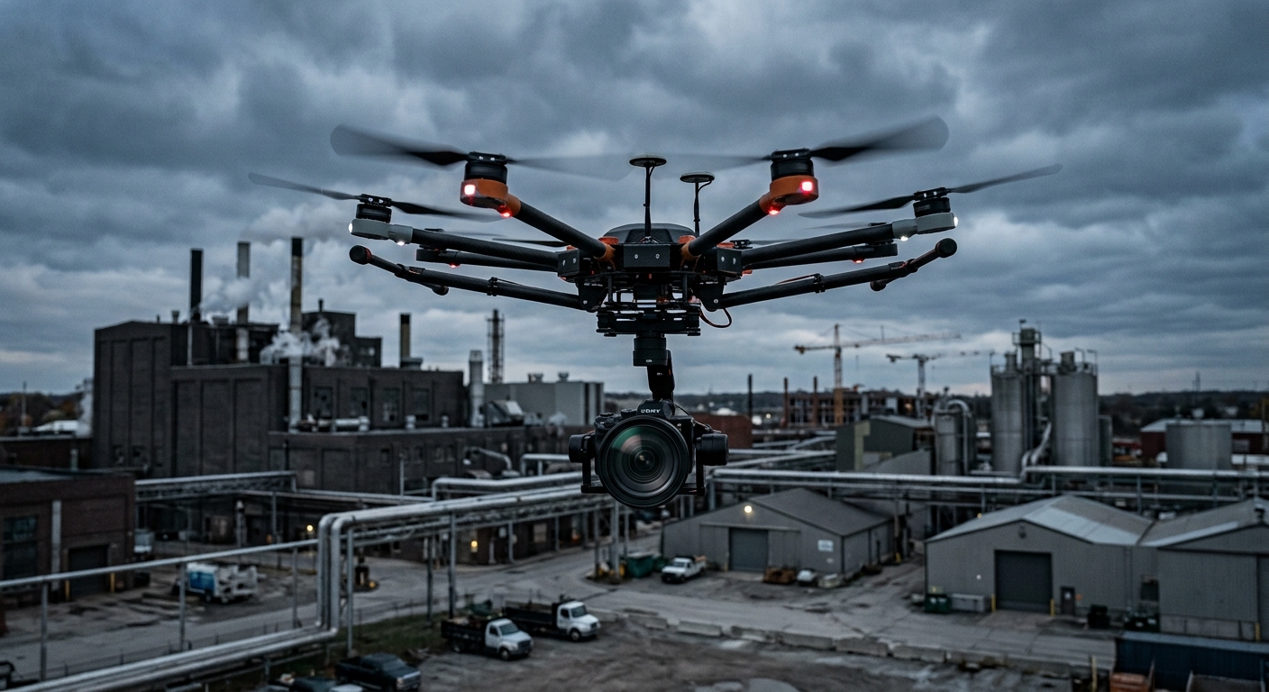 Illustrative render of an octocopter carrying a camera on a gimbal above an industrial site