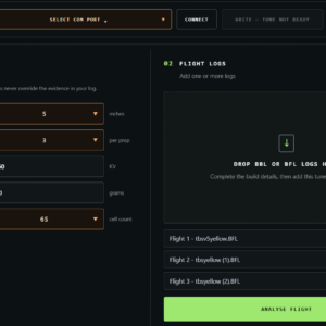 AeroTune7 interface showing airframe settings and Blackbox flight-log analysis